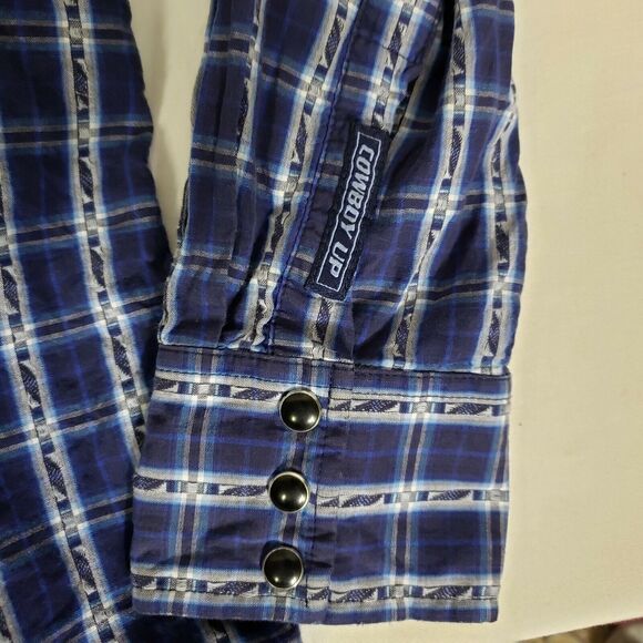 Cowboy Up Men Shirt Medium Pearl Snap Blue Plaid Long Sleeve Blue Western Pocket - Picture 11 of 11